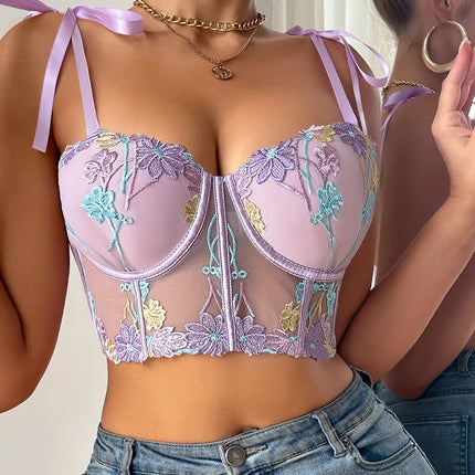 1Pcs Women's Sexy Bra Mesh Bustier Crop Top Floral Embroidery Push up Bra Hollow Out Lace Ladies' Underwear