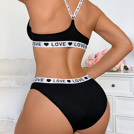 New Ribbed Women's Underwear Set Letter Strap Underwear Front-Clasp Push-Up Bra Comfy Daily Female Bra Set