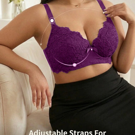 Plus Size Floral Lace Women Push-Up Bra Underwire Support Anti-Sagging Underwear Comfy Wide Straps Thin Cup Daily Lingerie Bra