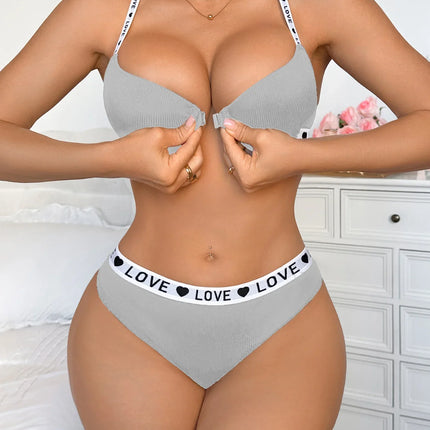New Ribbed Women's Underwear Set Letter Strap Underwear Front-Clasp Push-Up Bra Comfy Daily Female Bra Set