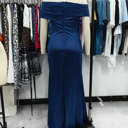 Elegant Satin Solid Color Off-Shoulder Women's Long Dress Sexy High-Waisted Flim Slit Pleated Dress for Lady Party Wedding