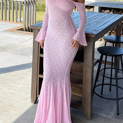 Elegant French Style Pink Long Dress Women Lace Long Sleeved Dress Evening Gown Party Wedding Dress up Lady Spring Summer Outfit