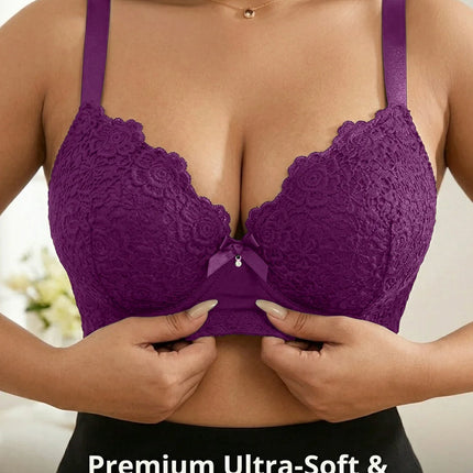 Plus Size Floral Lace Women Push-Up Bra Underwire Support Anti-Sagging Underwear Comfy Wide Straps Thin Cup Daily Lingerie Bra