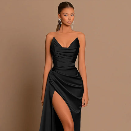 Elegant Strapless Solid Evening Gown Chic Satin Corset Dress for Women V-neck Split Blue Long Dress Lady Summer Party Dress up