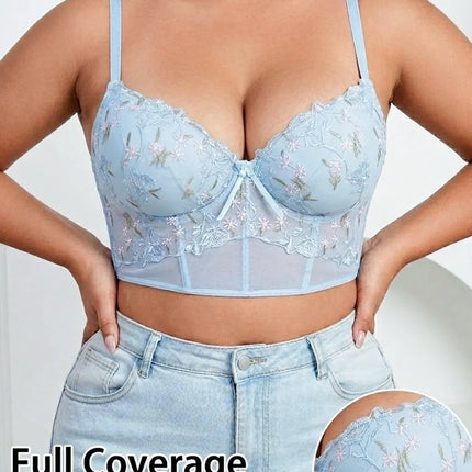 Women's Floral Embroidery Lace Push Up Bra With Underwire Longline Shaping Side Support Minimizer Comfortable Bra