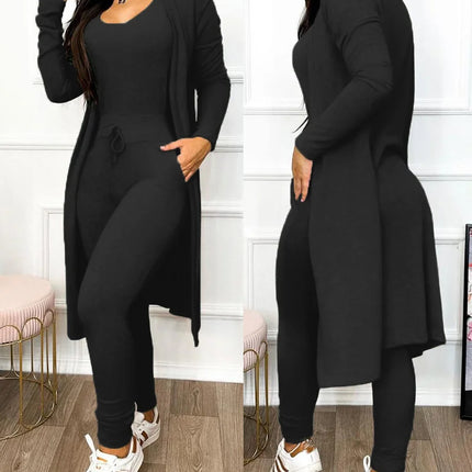 Two Piece Set Women Outfit 2023 Spring Fashion Drawstring Pocket Design U-Neck Sleeveless Skinny Jumpsuit & Long Sleeve Coat Set