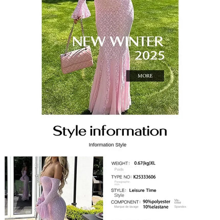 Elegant French Style Pink Long Dress Women Lace Long Sleeved Dress Evening Gown Party Wedding Dress up Lady Spring Summer Outfit