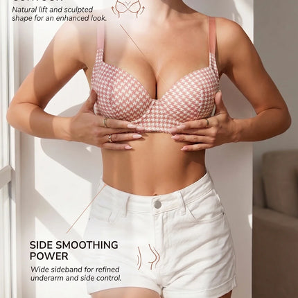Women's Houndstooth Print Push-Up Bra Wide Elastic Straps Underwear Underwire Side Smoothing & Supportive Bra Women