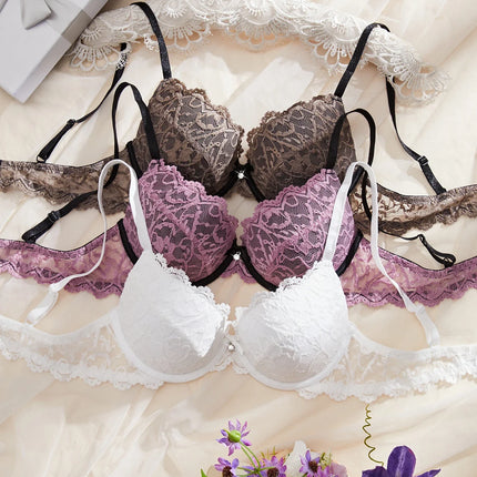 3PCS Daily Lace Trim Women's Underwear Set Rhinestone Push up Bra wite Underwire Soft & Stylish Female Slim Bra