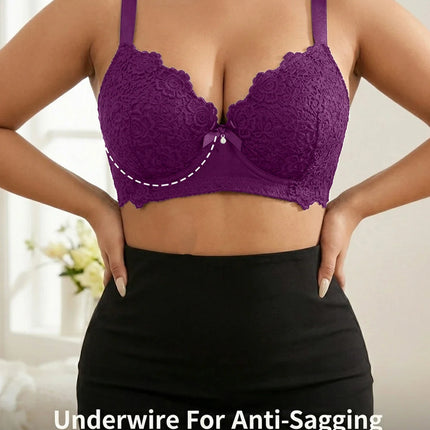 Plus Size Floral Lace Women Push-Up Bra Underwire Support Anti-Sagging Underwear Comfy Wide Straps Thin Cup Daily Lingerie Bra