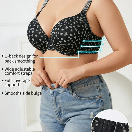 Plus Size B C D Thin Cup Women's Bra Wide Straps Push up Bra Stylish Heart & Rhinestone Comfy Side Bulge Control Underwire Bra