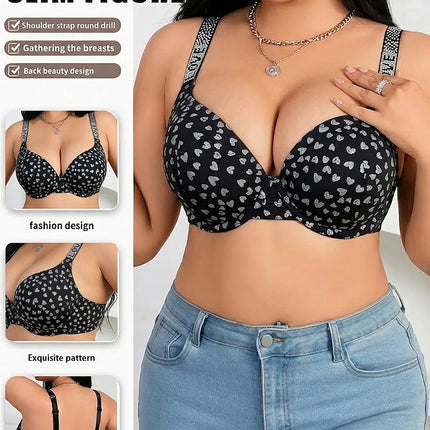 Plus Size B C D Thin Cup Women's Bra Wide Straps Push up Bra Stylish Heart & Rhinestone Comfy Side Bulge Control Underwire Bra