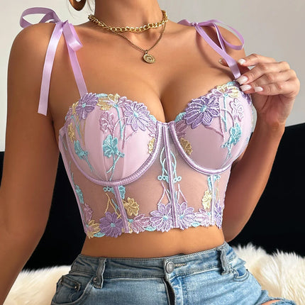 1Pcs Women's Sexy Bra Mesh Bustier Crop Top Floral Embroidery Push up Bra Hollow Out Lace Ladies' Underwear