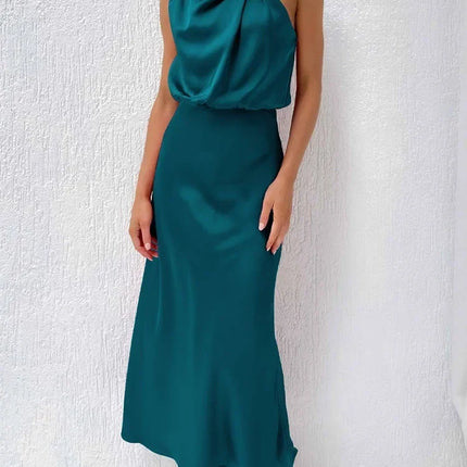 Foridol One Shoulder Turtleneck Tank Satin Women Party Dress Robe Zip Sleeveless Elegant Vintage Folds Women Clothing 2025