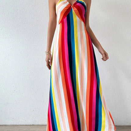 Women's Summer Ethnic Pattern Backless Split Thigh Dress Ladies Summer Clothes Boho Fashion Frill Trim Long Dress for Beach