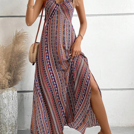 Women's Summer Ethnic Pattern Backless Split Thigh Dress Ladies Summer Clothes Boho Fashion Frill Trim Long Dress for Beach