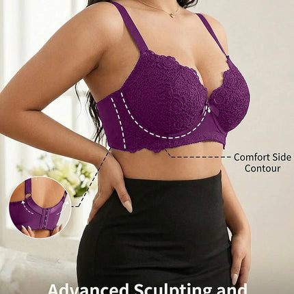 Plus Size Floral Lace Women Push-Up Bra Underwire Support Anti-Sagging Underwear Comfy Wide Straps Thin Cup Daily Lingerie Bra