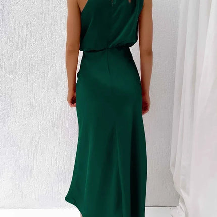 Foridol One Shoulder Turtleneck Tank Satin Women Party Dress Robe Zip Sleeveless Elegant Vintage Folds Women Clothing 2025