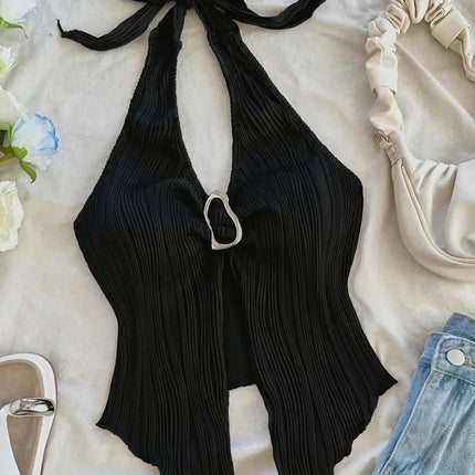 Sexy V-neck Halter Neck Crop Top for Women Summer Sleeveless Solid Split Backless Top Y2K Clothes