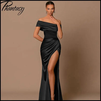 Elegant Satin Solid Color Off-Shoulder Women's Long Dress Sexy High-Waisted Flim Slit Pleated Dress for Lady Party Wedding