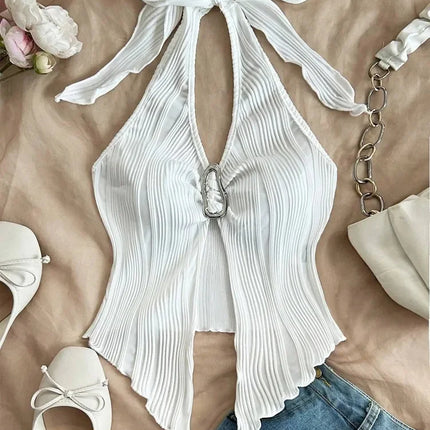 Sexy V-neck Halter Neck Crop Top for Women Summer Sleeveless Solid Split Backless Top Y2K Clothes