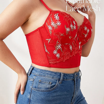 Women's Floral Embroidery Lace Push Up Bra With Underwire Longline Shaping Side Support Minimizer Comfortable Bra