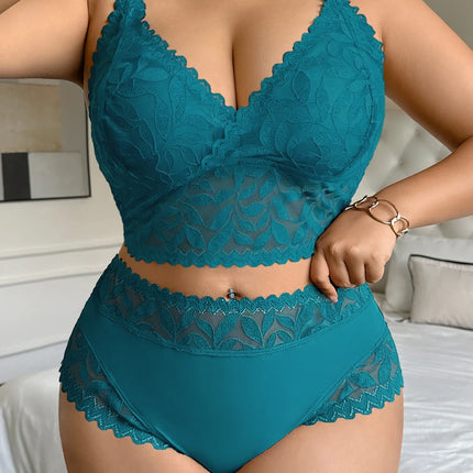 Women's Plus Size Sexy Lingerie Set Lace Floral Mesh Unlined Wireless Bra Breathable Sexy Lace Trim Panties 1Xl-4Xl