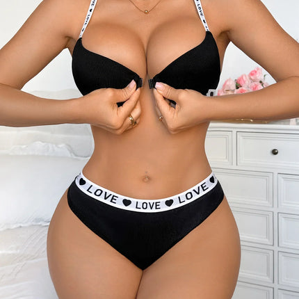 New Ribbed Women's Underwear Set Letter Strap Underwear Front-Clasp Push-Up Bra Comfy Daily Female Bra Set