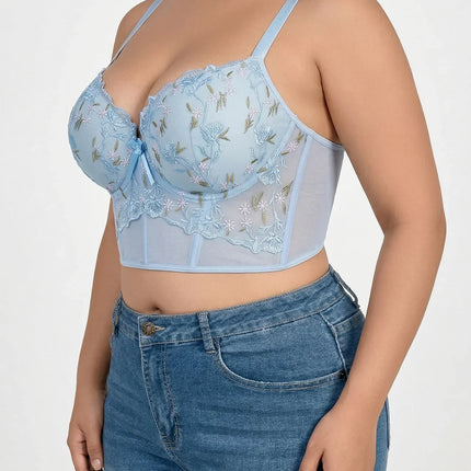 Women's Floral Embroidery Lace Push Up Bra With Underwire Longline Shaping Side Support Minimizer Comfortable Bra