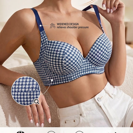 Women's Houndstooth Print Push-Up Bra Wide Elastic Straps Underwear Underwire Side Smoothing & Supportive Bra Women