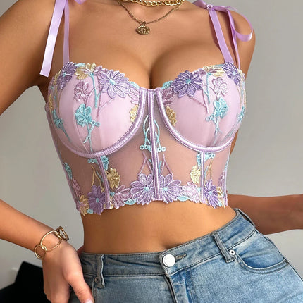 1Pcs Women's Sexy Bra Mesh Bustier Crop Top Floral Embroidery Push up Bra Hollow Out Lace Ladies' Underwear