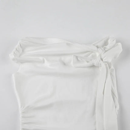 Korean Style Solid Color Women's Top Casual Slash neck Crop Top Fahionable Slim Fit White Tee Lady Summer Night Out Dress up