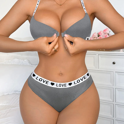 New Ribbed Women's Underwear Set Letter Strap Underwear Front-Clasp Push-Up Bra Comfy Daily Female Bra Set