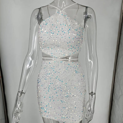 Phantasy Sexy Sequins Hollow out Halter Dress Women Fashion Backless Short Dress Chic Party Gown Lady Summer Night Club Dress up