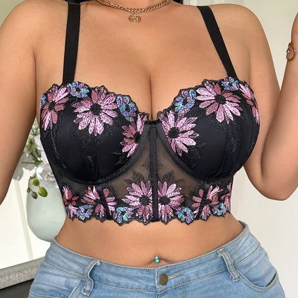 Plus Size Women Bra Floral Lace Patchwork Embroidery Thin Cup Push up Bra Comfortable Underwire Shapewear Bra for Women