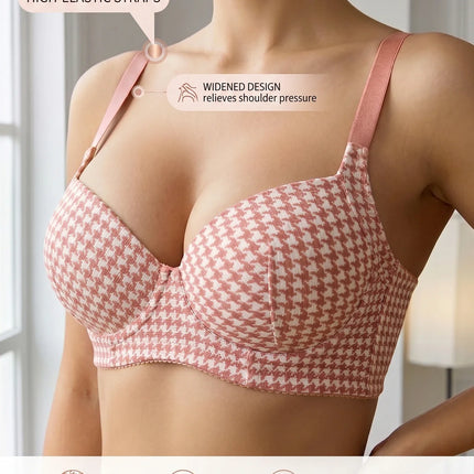 Women's Houndstooth Print Push-Up Bra Wide Elastic Straps Underwear Underwire Side Smoothing & Supportive Bra Women