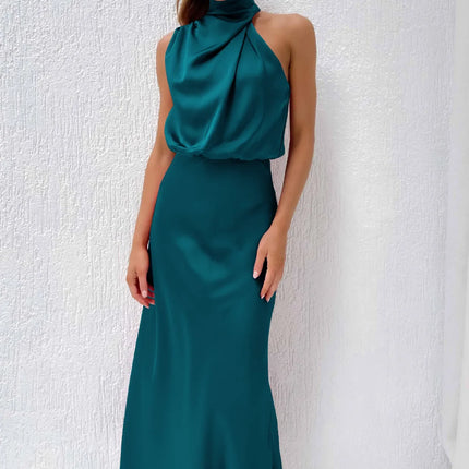 Foridol One Shoulder Turtleneck Tank Satin Women Party Dress Robe Zip Sleeveless Elegant Vintage Folds Women Clothing 2025