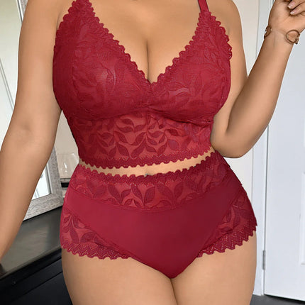 Women's Plus Size Sexy Lingerie Set Lace Floral Mesh Unlined Wireless Bra Breathable Sexy Lace Trim Panties 1Xl-4Xl