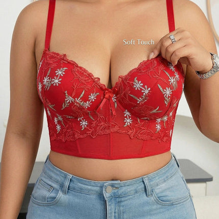 Women's Floral Embroidery Lace Push Up Bra With Underwire Longline Shaping Side Support Minimizer Comfortable Bra
