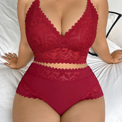 Women's Plus Size Sexy Lingerie Set Lace Floral Mesh Unlined Wireless Bra Breathable Sexy Lace Trim Panties 1Xl-4Xl