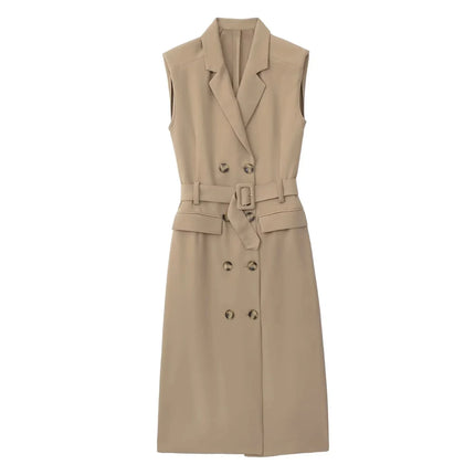 Foridol Khaki Double Breasted Sleeveless Office Windbreaker Style Dress Turn Down Collar Lady Elegenta Vintage Belt New Vestidos