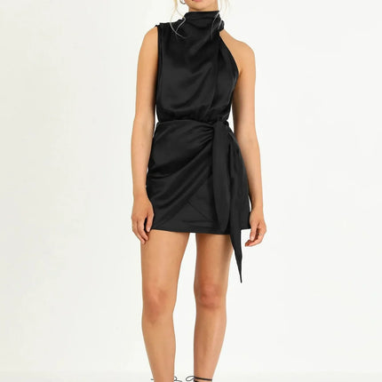 Foridol One Shoulder Turtleneck Tank Satin Women Party Dress Robe Zip Sleeveless Elegant Vintage Folds Women Clothing 2025