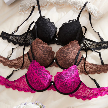 3PCS Daily Lace Trim Women's Underwear Set Rhinestone Push up Bra wite Underwire Soft & Stylish Female Slim Bra