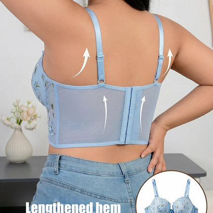 Women's Floral Embroidery Lace Push Up Bra With Underwire Longline Shaping Side Support Minimizer Comfortable Bra