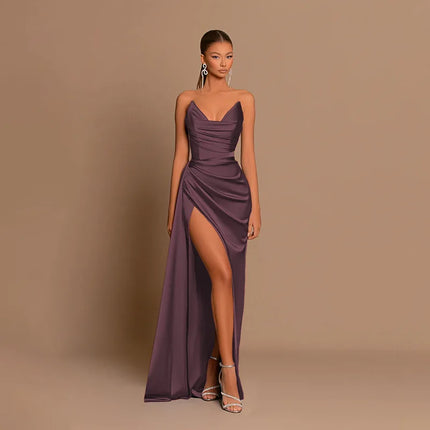Elegant Strapless Solid Evening Gown Chic Satin Corset Dress for Women V-neck Split Blue Long Dress Lady Summer Party Dress up