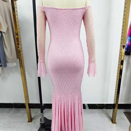 Elegant French Style Pink Long Dress Women Lace Long Sleeved Dress Evening Gown Party Wedding Dress up Lady Spring Summer Outfit