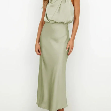 Foridol One Shoulder Turtleneck Tank Satin Women Party Dress Robe Zip Sleeveless Elegant Vintage Folds Women Clothing 2025