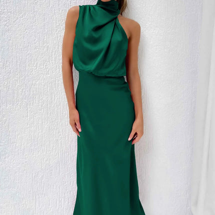 Foridol One Shoulder Turtleneck Tank Satin Women Party Dress Robe Zip Sleeveless Elegant Vintage Folds Women Clothing 2025
