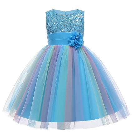 Sequins Girls Dress Summer Flower Fashion Rainbow Mesh Little Princess Dresses