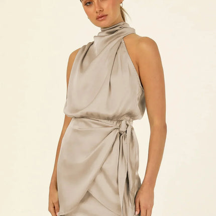 Foridol One Shoulder Turtleneck Tank Satin Women Party Dress Robe Zip Sleeveless Elegant Vintage Folds Women Clothing 2025